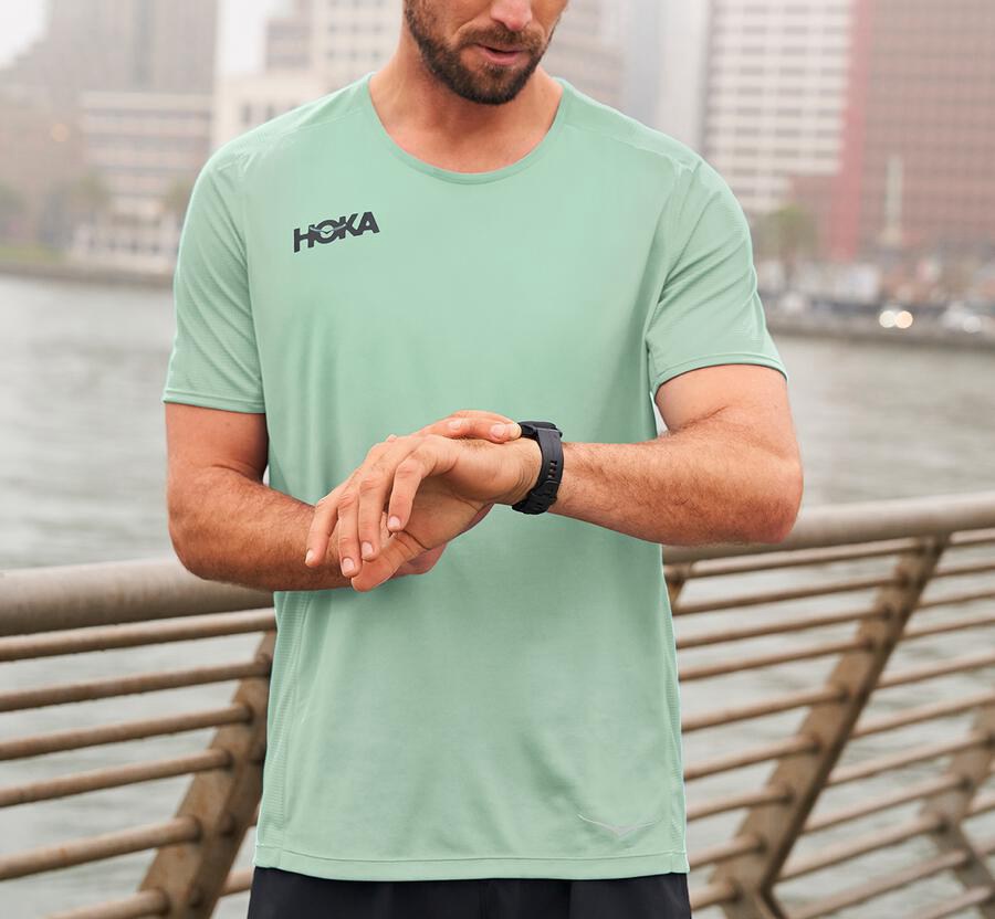 Hoka One One Tops Mens Green - Performance Short Sleeve - 35691IEYV